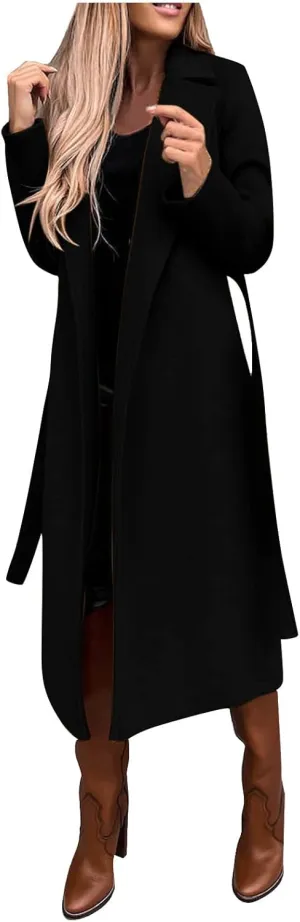 Women's Faux Wool Coat Long Jacket Thin Trench Coats Ladies Slim Windproof Overcoat Ring Master Jacket with Belt