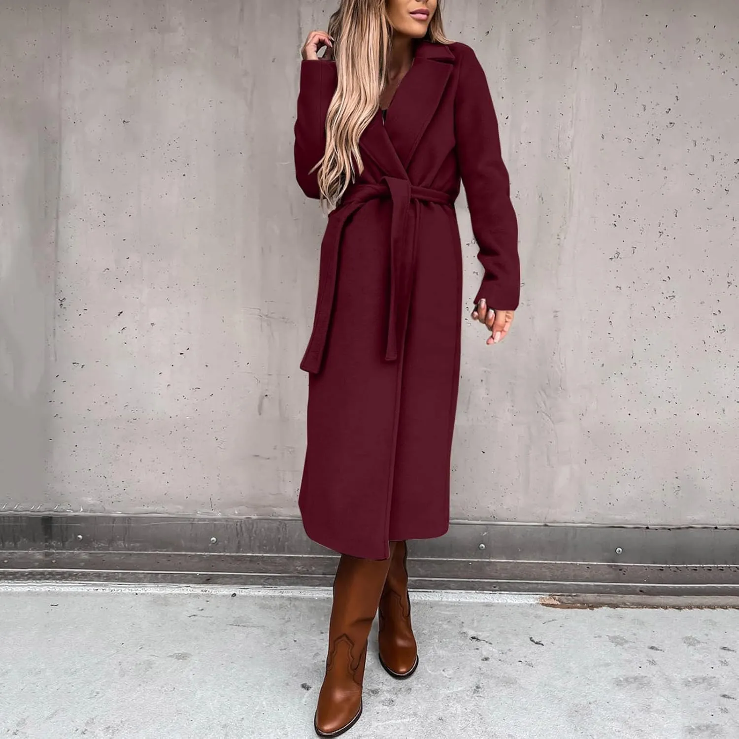 Women's Faux Wool Coat Long Jacket Thin Trench Coats Ladies Slim Windproof Overcoat Ring Master Jacket with Belt