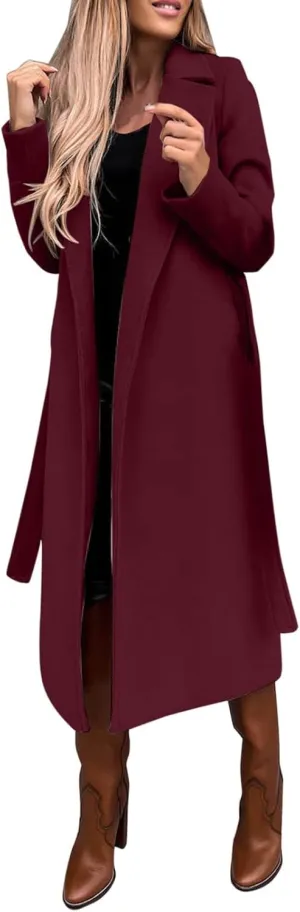 Women's Faux Wool Coat Long Jacket Thin Trench Coats Ladies Slim Windproof Overcoat Ring Master Jacket with Belt