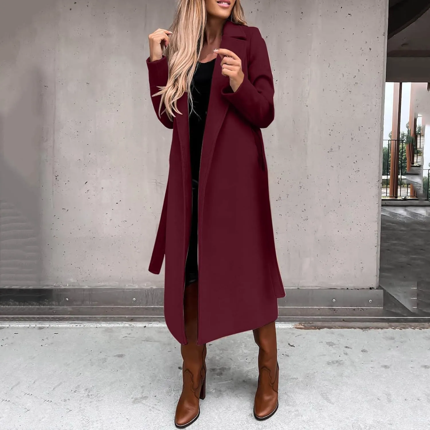 Women's Faux Wool Coat Long Jacket Thin Trench Coats Ladies Slim Windproof Overcoat Ring Master Jacket with Belt