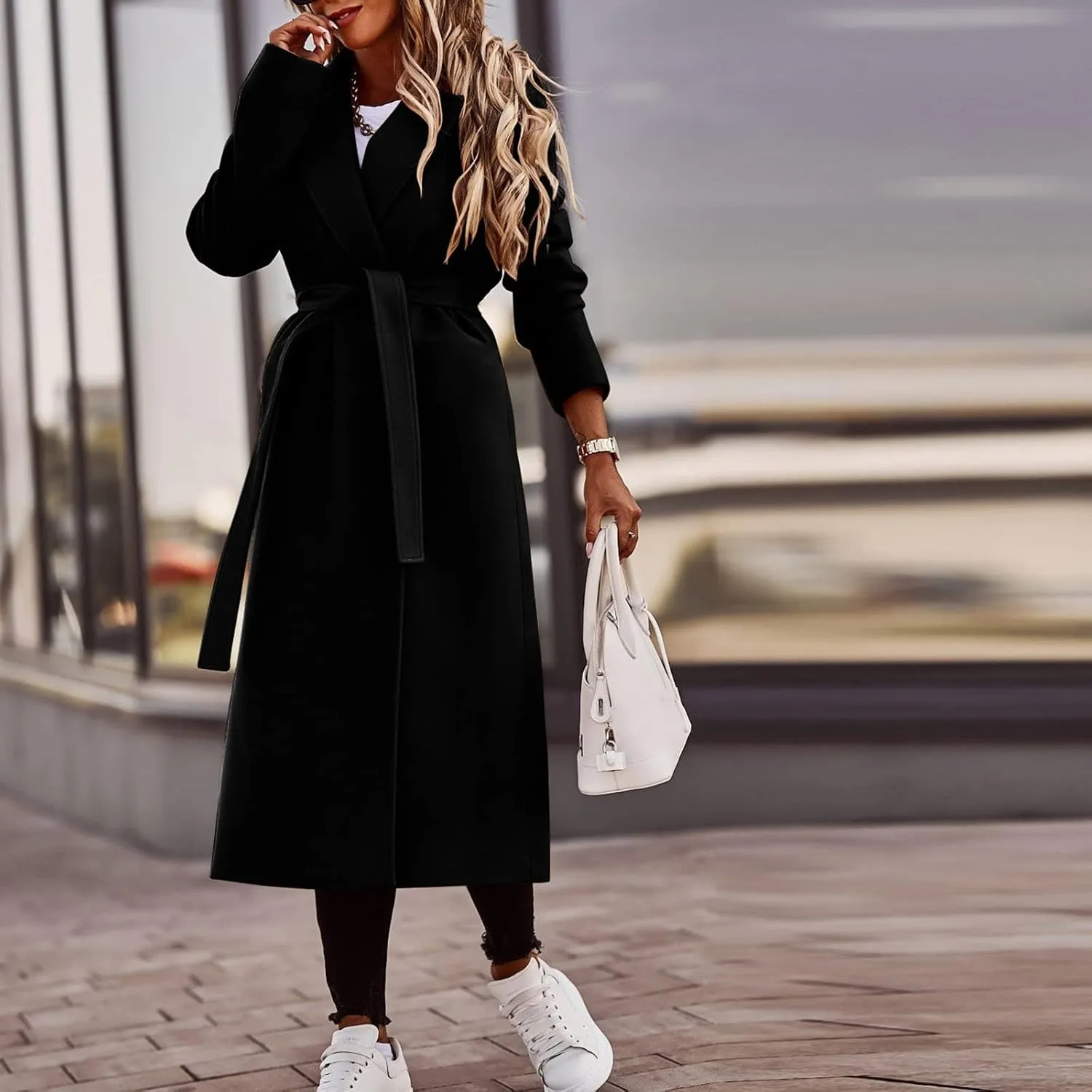 Women's Faux Wool Coat Long Jacket Thin Trench Coats Ladies Slim Windproof Overcoat Ring Master Jacket with Belt