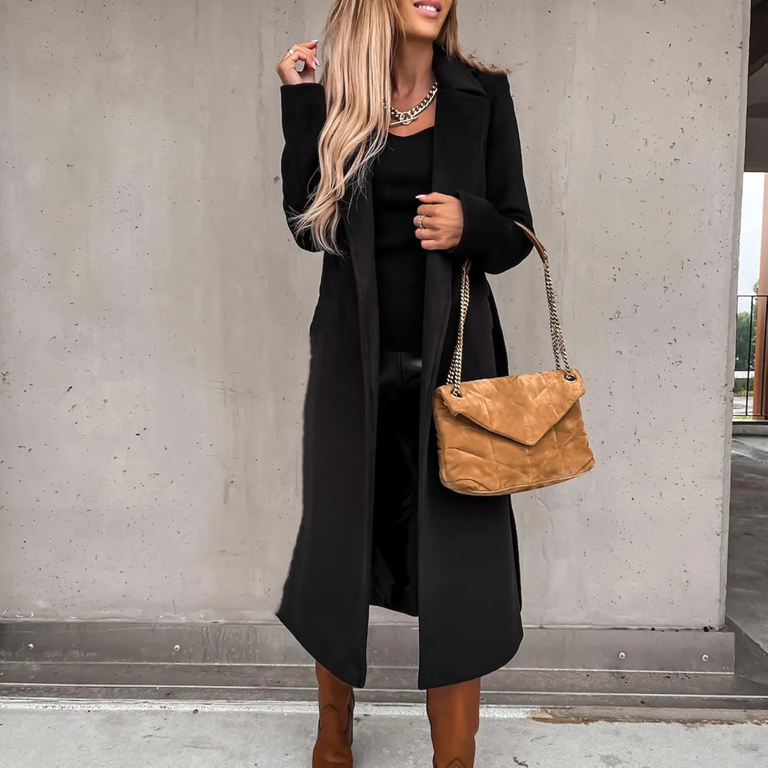 Women's Faux Wool Coat Long Jacket Thin Trench Coats Ladies Slim Windproof Overcoat Ring Master Jacket with Belt