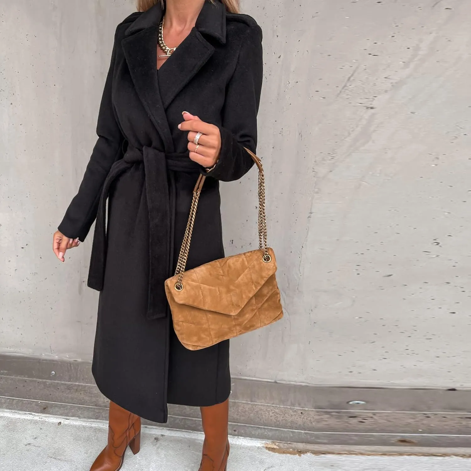 Women's Faux Wool Coat Long Jacket Thin Trench Coats Ladies Slim Windproof Overcoat Ring Master Jacket with Belt