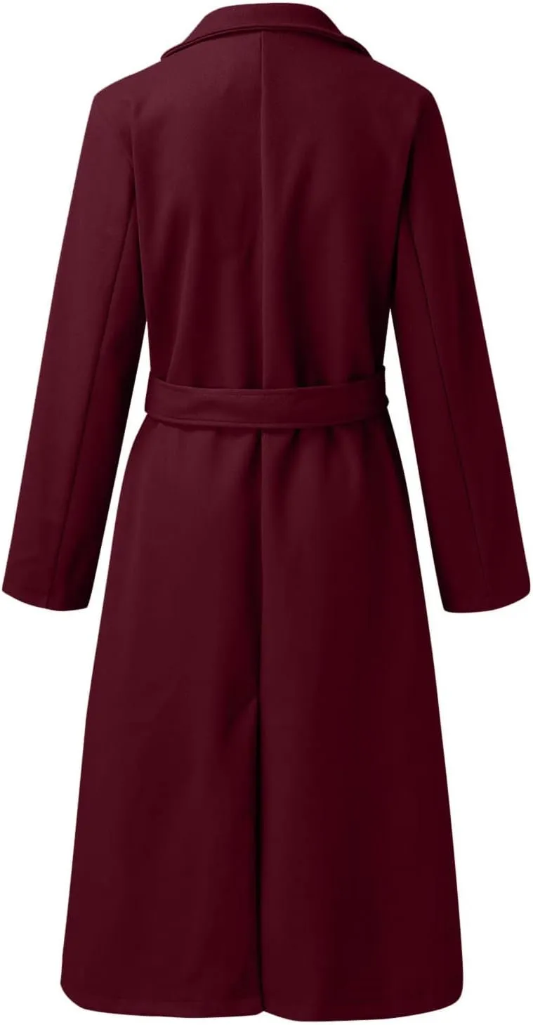Women's Faux Wool Coat Long Jacket Thin Trench Coats Ladies Slim Windproof Overcoat Ring Master Jacket with Belt