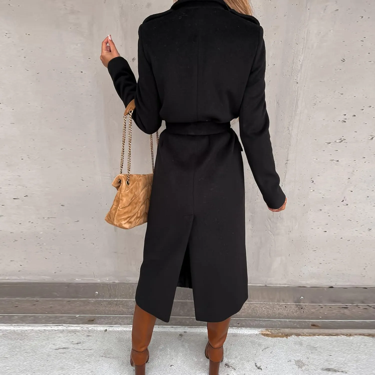 Women's Faux Wool Coat Long Jacket Thin Trench Coats Ladies Slim Windproof Overcoat Ring Master Jacket with Belt