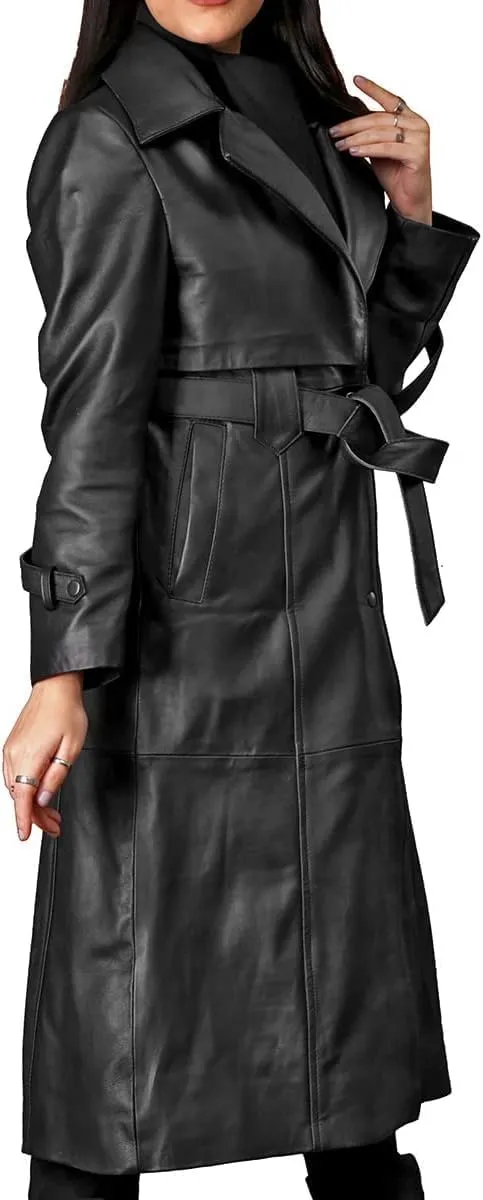 Womens Fine Grain Faux Leather Long Trench Coat | Ladies Black Leather Long Over Coat with Belt