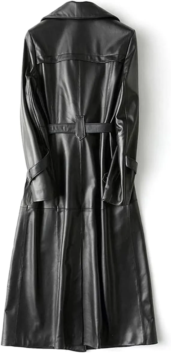 Womens Fine Grain Faux Leather Long Trench Coat | Ladies Black Leather Long Over Coat with Belt