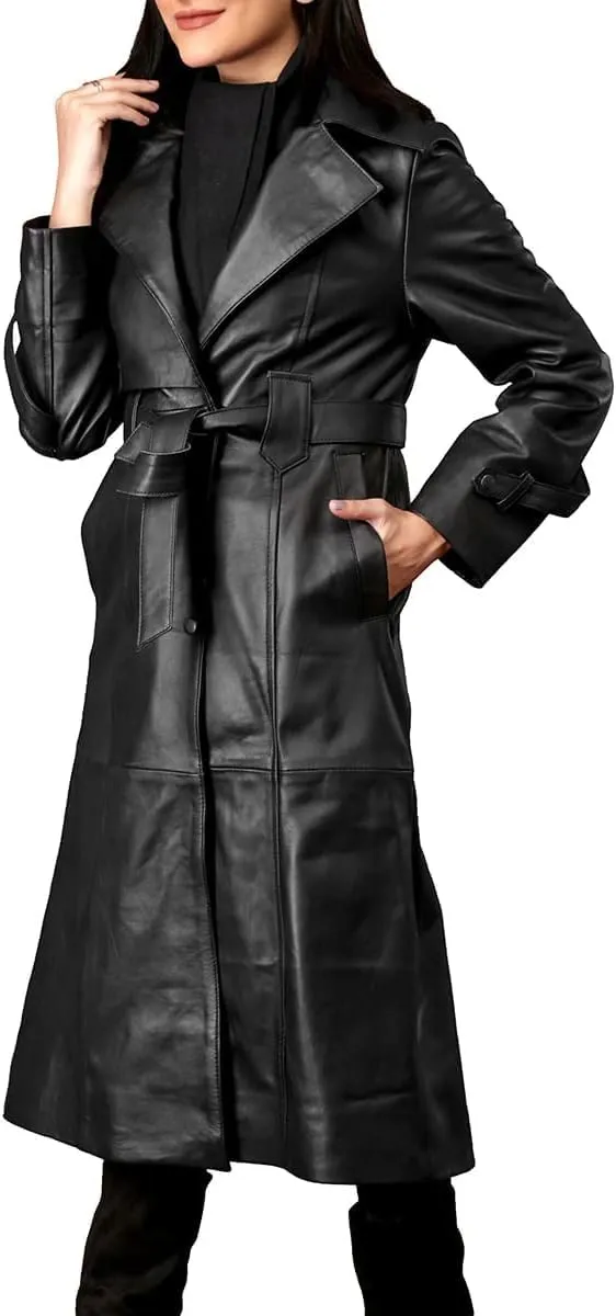 Womens Fine Grain Faux Leather Long Trench Coat | Ladies Black Leather Long Over Coat with Belt