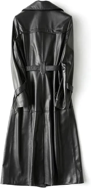 Womens Fine Grain Faux Leather Long Trench Coat | Ladies Black Leather Long Over Coat with Belt
