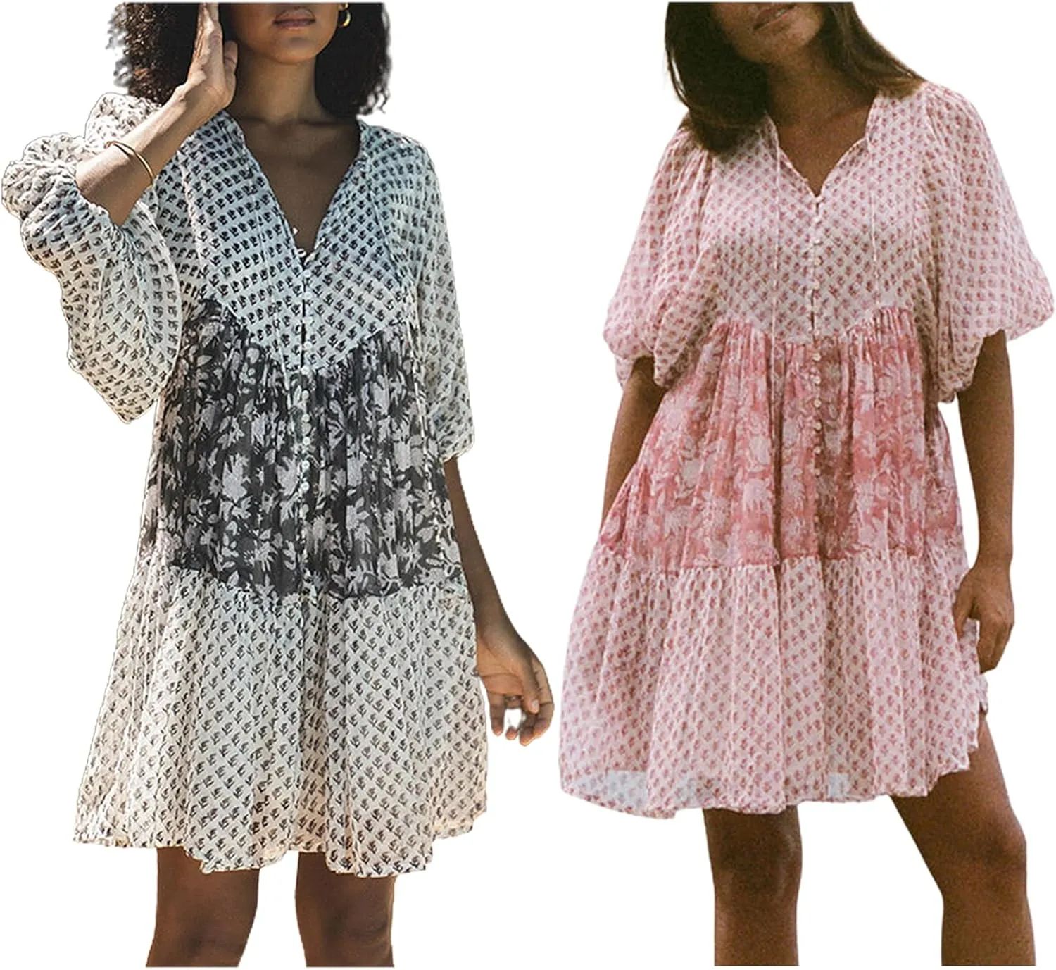 Women's Floral Flowy Dress Flared Sleeve V Neck Swing A-line Mini Boho Ruffle Summer Casual Beach Sundress