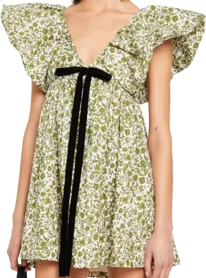 Womens Flower Bow Dress Deep V Neck Elegant Mini Dress Puffy Sleeve Boho Floral Bow Dress Flowy Dress