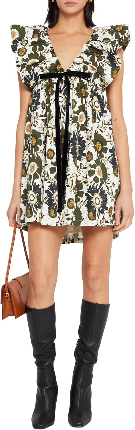 Womens Flower Bow Dress Deep V Neck Elegant Mini Dress Puffy Sleeve Boho Floral Bow Dress Flowy Dress