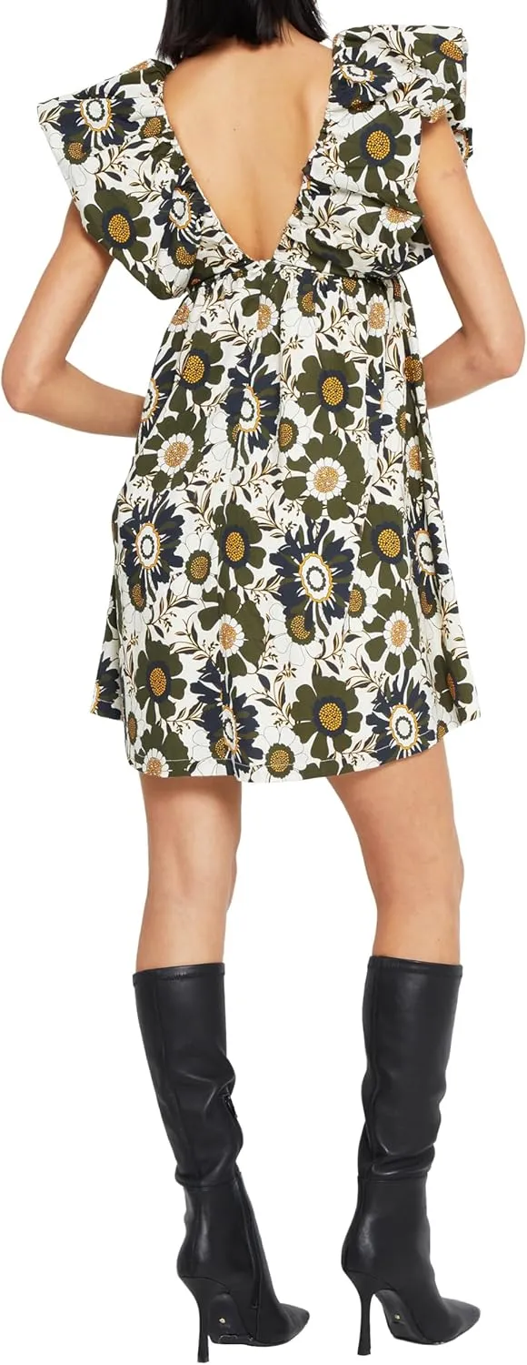 Womens Flower Bow Dress Deep V Neck Elegant Mini Dress Puffy Sleeve Boho Floral Bow Dress Flowy Dress