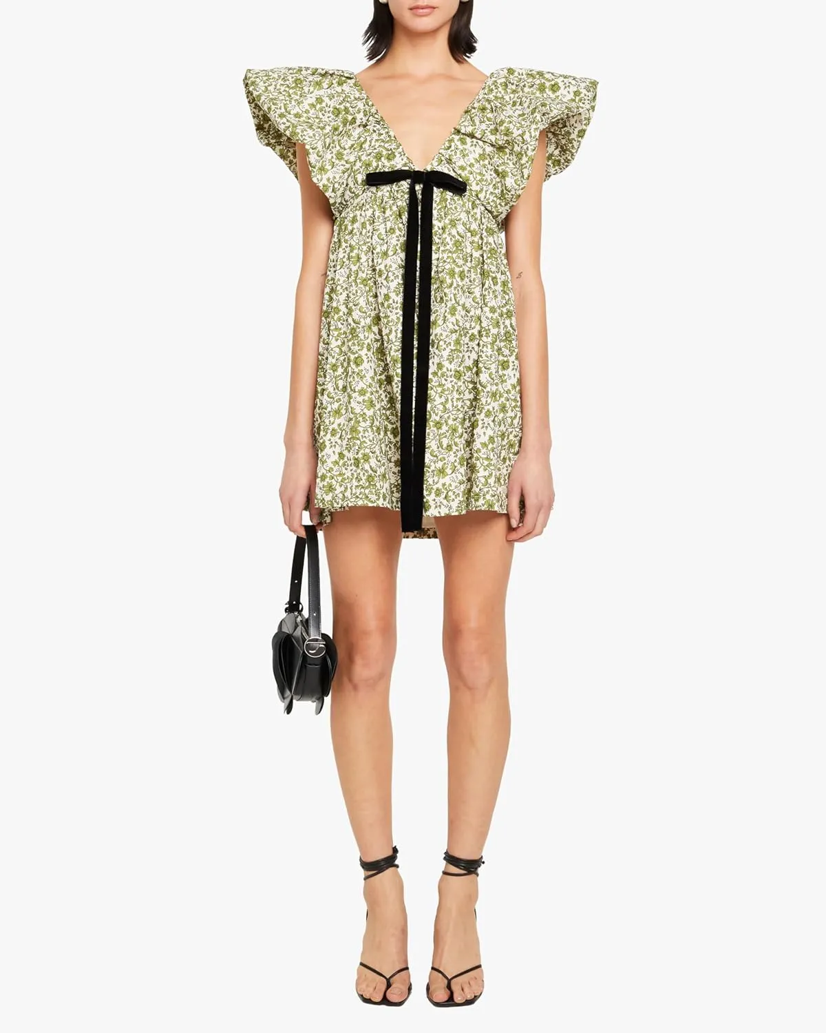 Womens Flower Bow Dress Deep V Neck Elegant Mini Dress Puffy Sleeve Boho Floral Bow Dress Flowy Dress