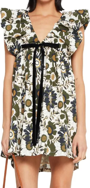 Womens Flower Bow Dress Deep V Neck Elegant Mini Dress Puffy Sleeve Boho Floral Bow Dress Flowy Dress