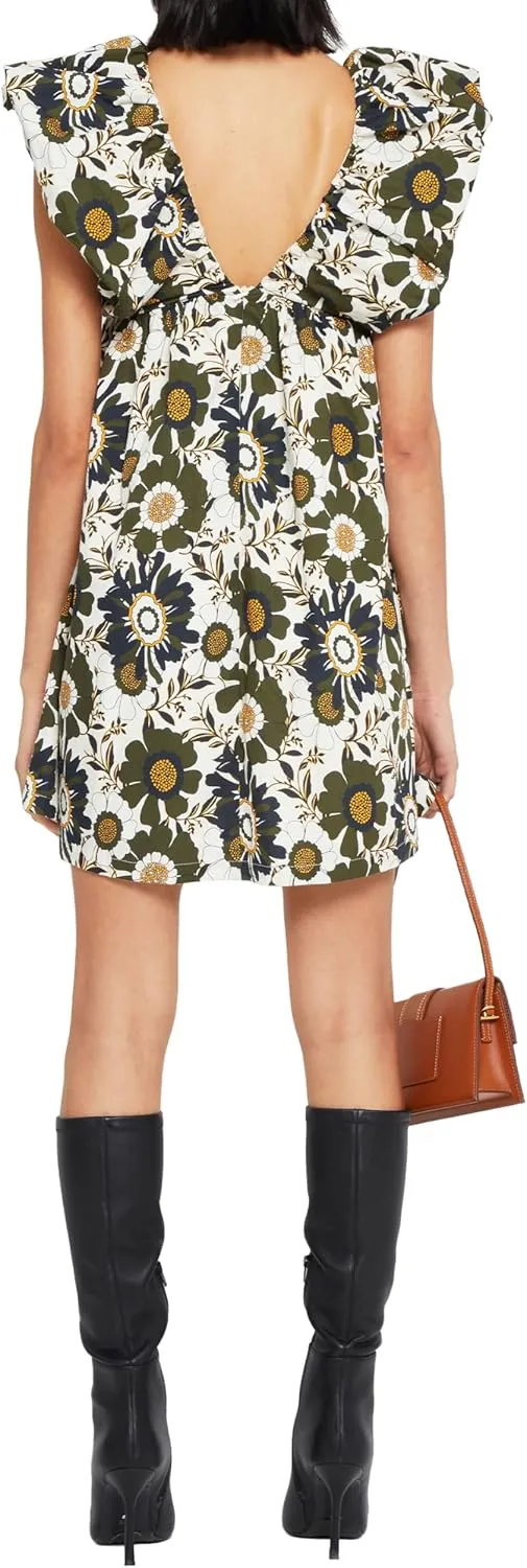 Womens Flower Bow Dress Deep V Neck Elegant Mini Dress Puffy Sleeve Boho Floral Bow Dress Flowy Dress