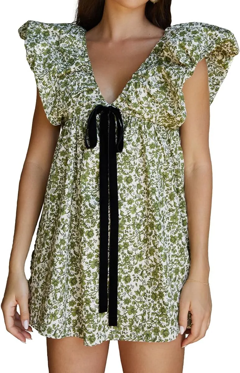 Womens Flower Bow Dress Deep V Neck Elegant Mini Dress Puffy Sleeve Boho Floral Bow Dress Flowy Dress