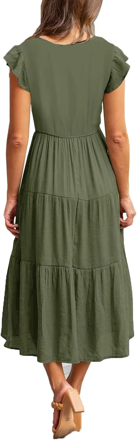 Womens Flutter Short Sleeve Smocked Tiered Nursing Dress for Breastfeeding