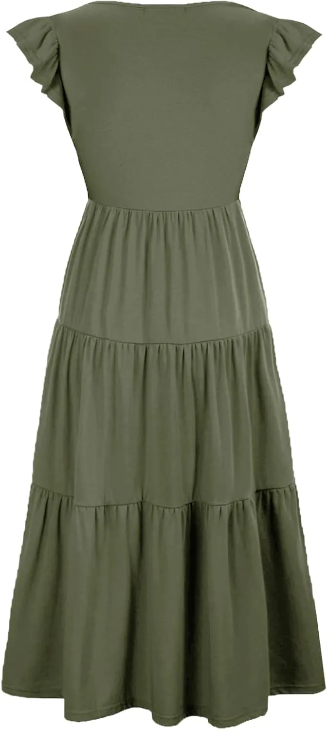 Womens Flutter Short Sleeve Smocked Tiered Nursing Dress for Breastfeeding