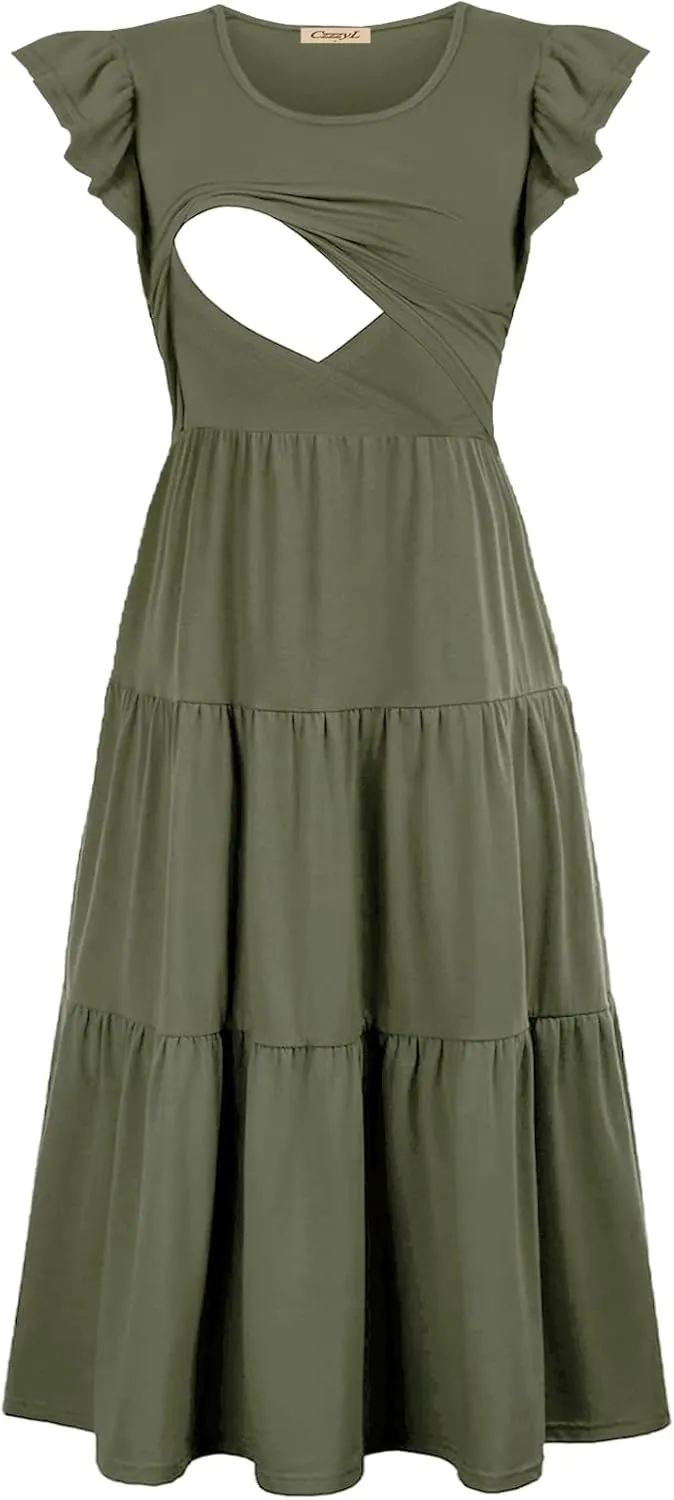 Womens Flutter Short Sleeve Smocked Tiered Nursing Dress for Breastfeeding