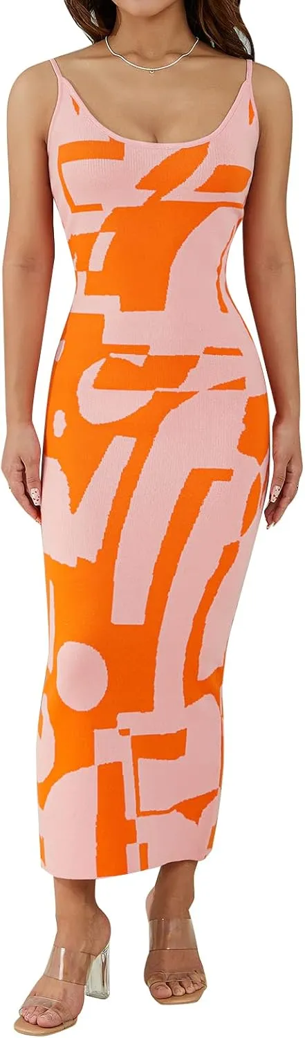 Women's Geometric Shape Colored Patch Knitted Camisole Dress Sleeveless Low Round Neck Slim Fit Jumpsuit Long Skirt