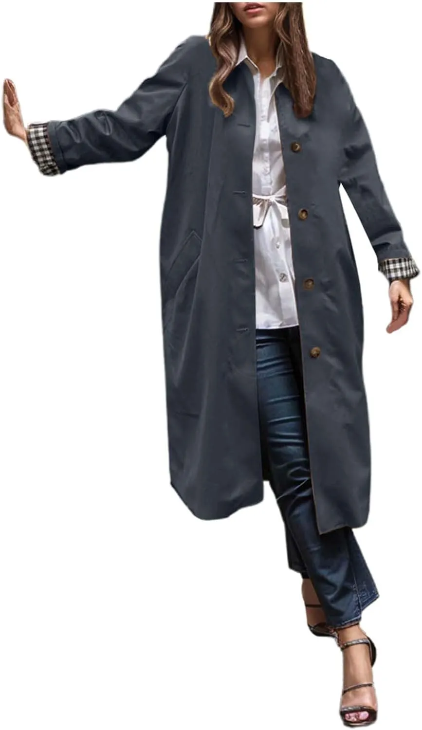 Women's Lightweight Long Trench Coat Windbreaker Single Breasted Relaxed Fit Turn Down Collar for Casual Outfits