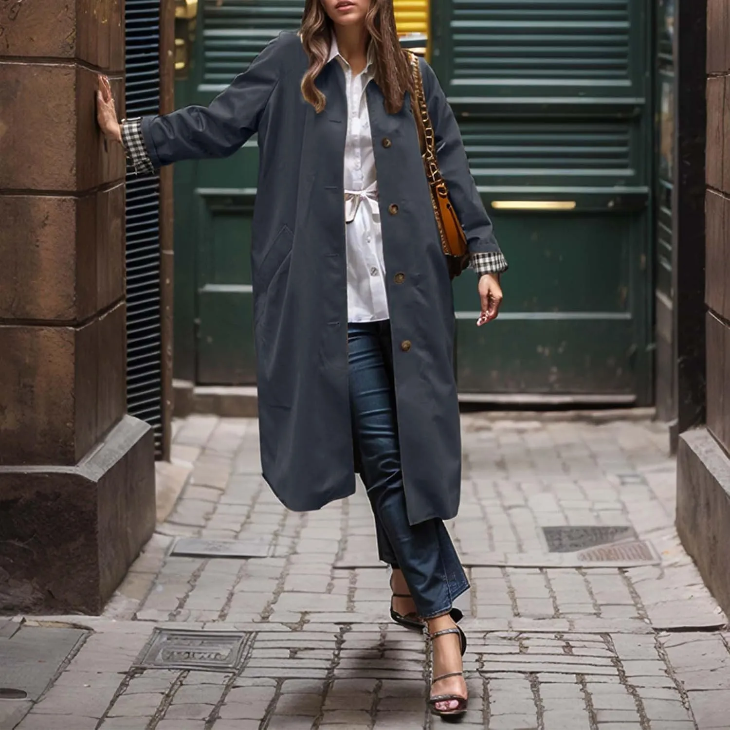 Women's Lightweight Long Trench Coat Windbreaker Single Breasted Relaxed Fit Turn Down Collar for Casual Outfits