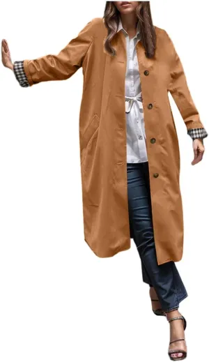 Women's Lightweight Long Trench Coat Windbreaker Single Breasted Relaxed Fit Turn Down Collar for Casual Outfits