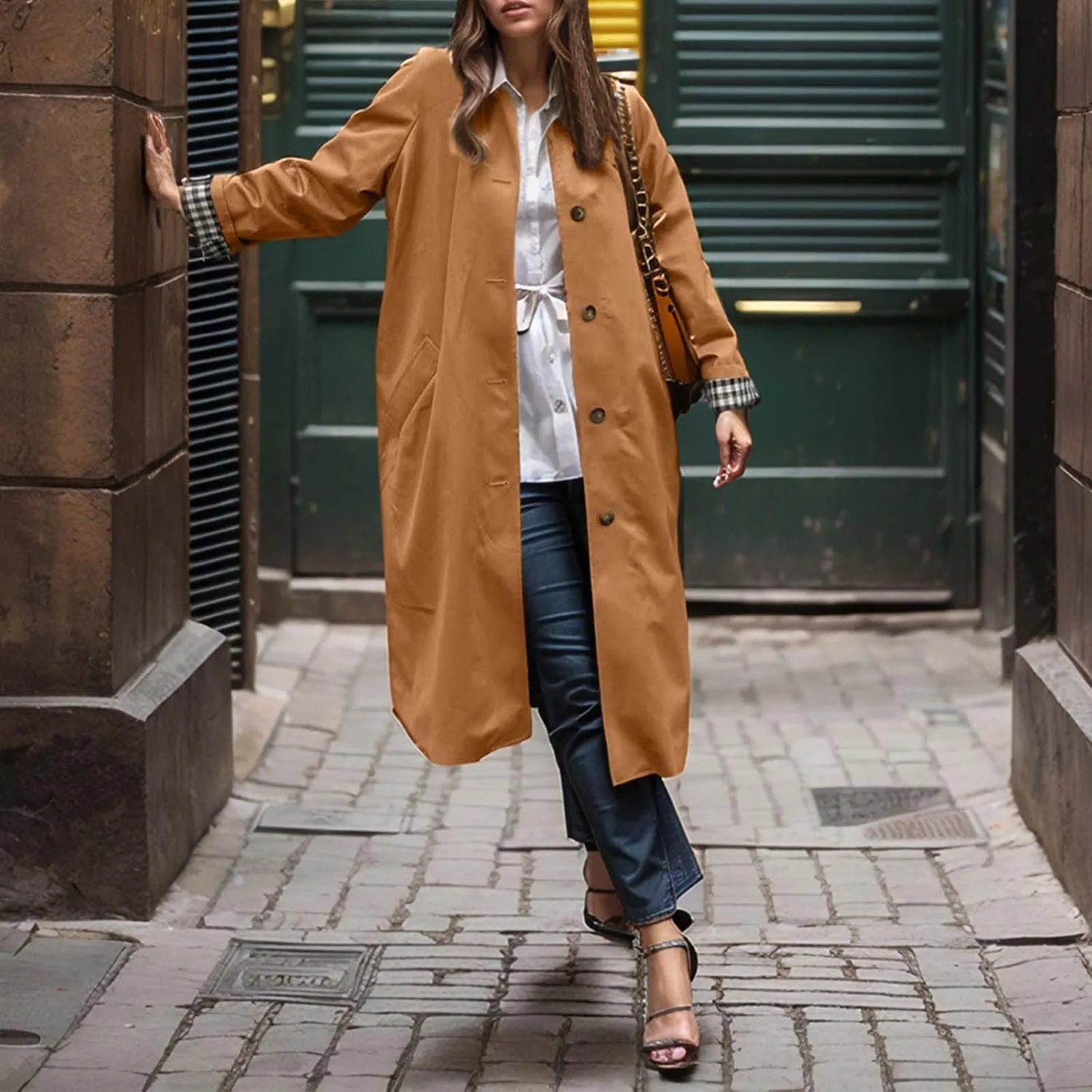 Women's Lightweight Long Trench Coat Windbreaker Single Breasted Relaxed Fit Turn Down Collar for Casual Outfits
