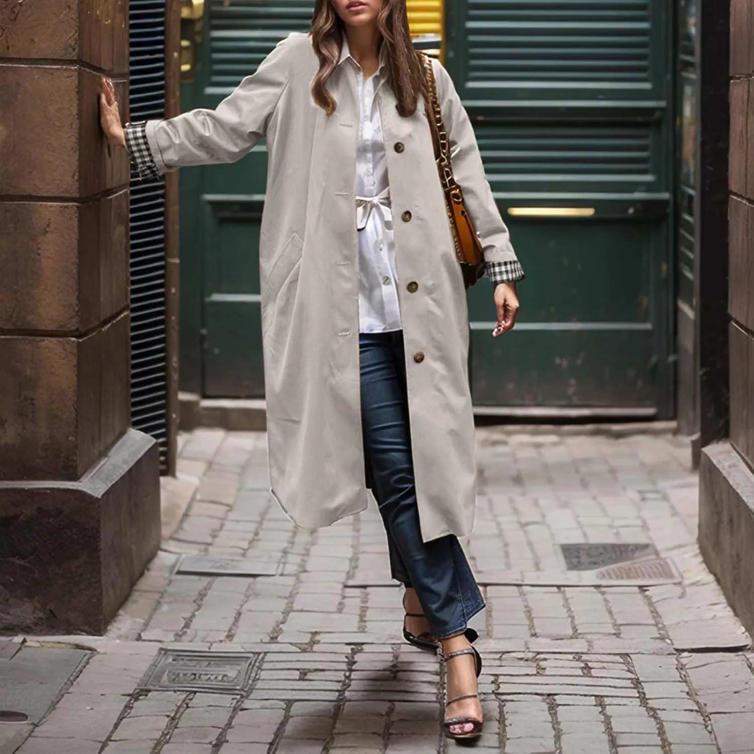 Women's Lightweight Long Trench Coat Windbreaker Single Breasted Relaxed Fit Turn Down Collar for Casual Outfits