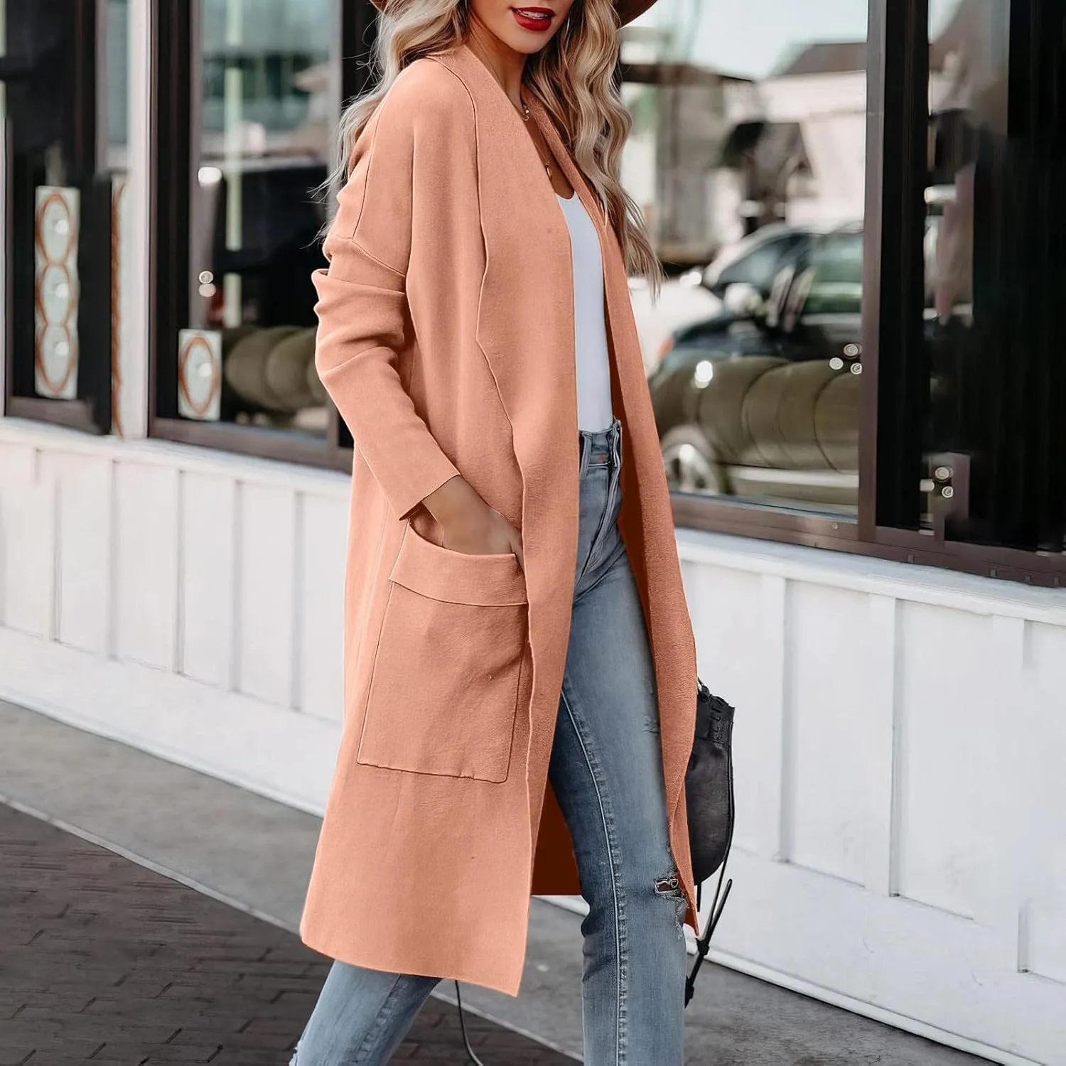 Womens Long Pea Coats Classic Lapel Collar Open Front Wool Blend Trench Coat Dressy Casual Business Midi Long Jackets