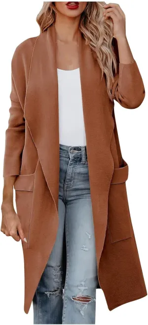 Womens Long Pea Coats Classic Lapel Collar Open Front Wool Blend Trench Coat Dressy Casual Business Midi Long Jackets