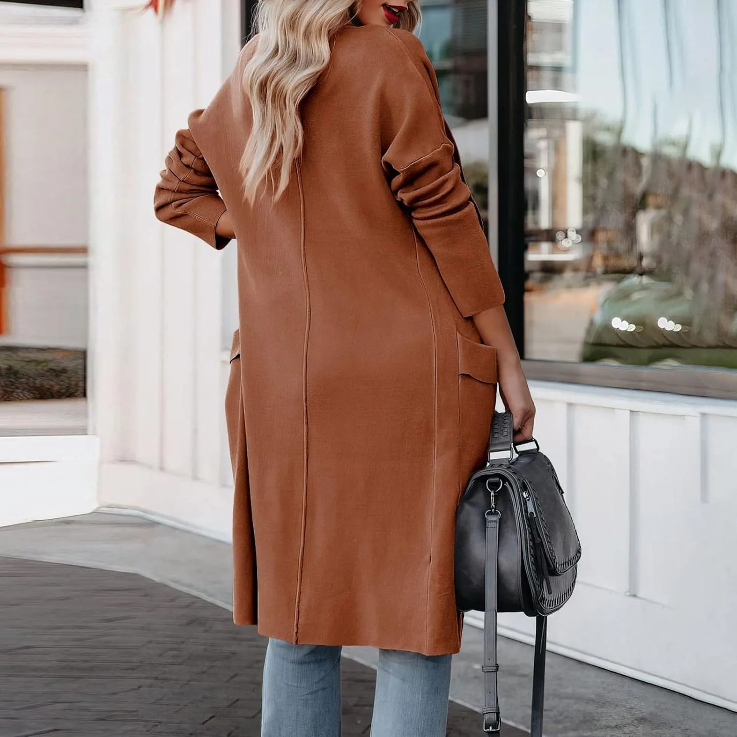 Womens Long Pea Coats Classic Lapel Collar Open Front Wool Blend Trench Coat Dressy Casual Business Midi Long Jackets