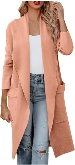Womens Long Pea Coats Classic Lapel Collar Open Front Wool Blend Trench Coat Dressy Casual Business Midi Long Jackets