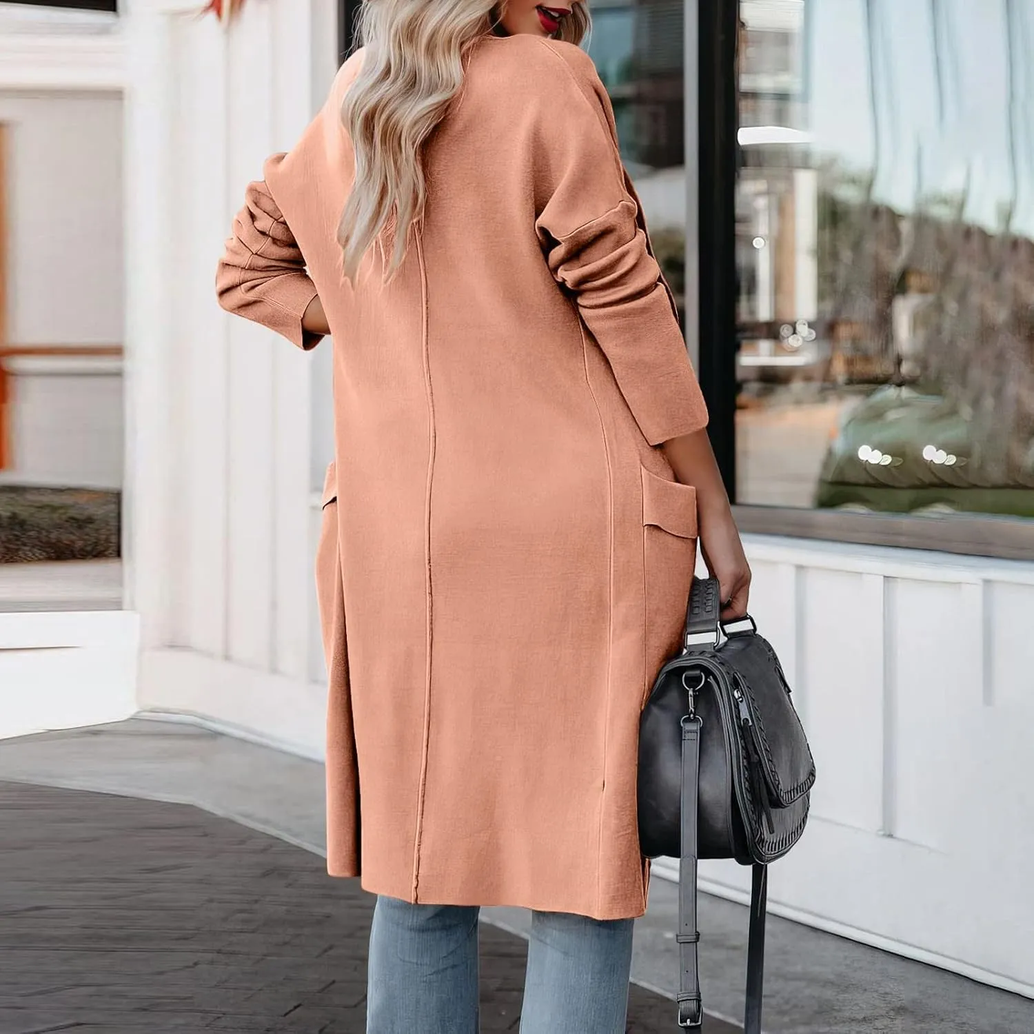 Womens Long Pea Coats Classic Lapel Collar Open Front Wool Blend Trench Coat Dressy Casual Business Midi Long Jackets
