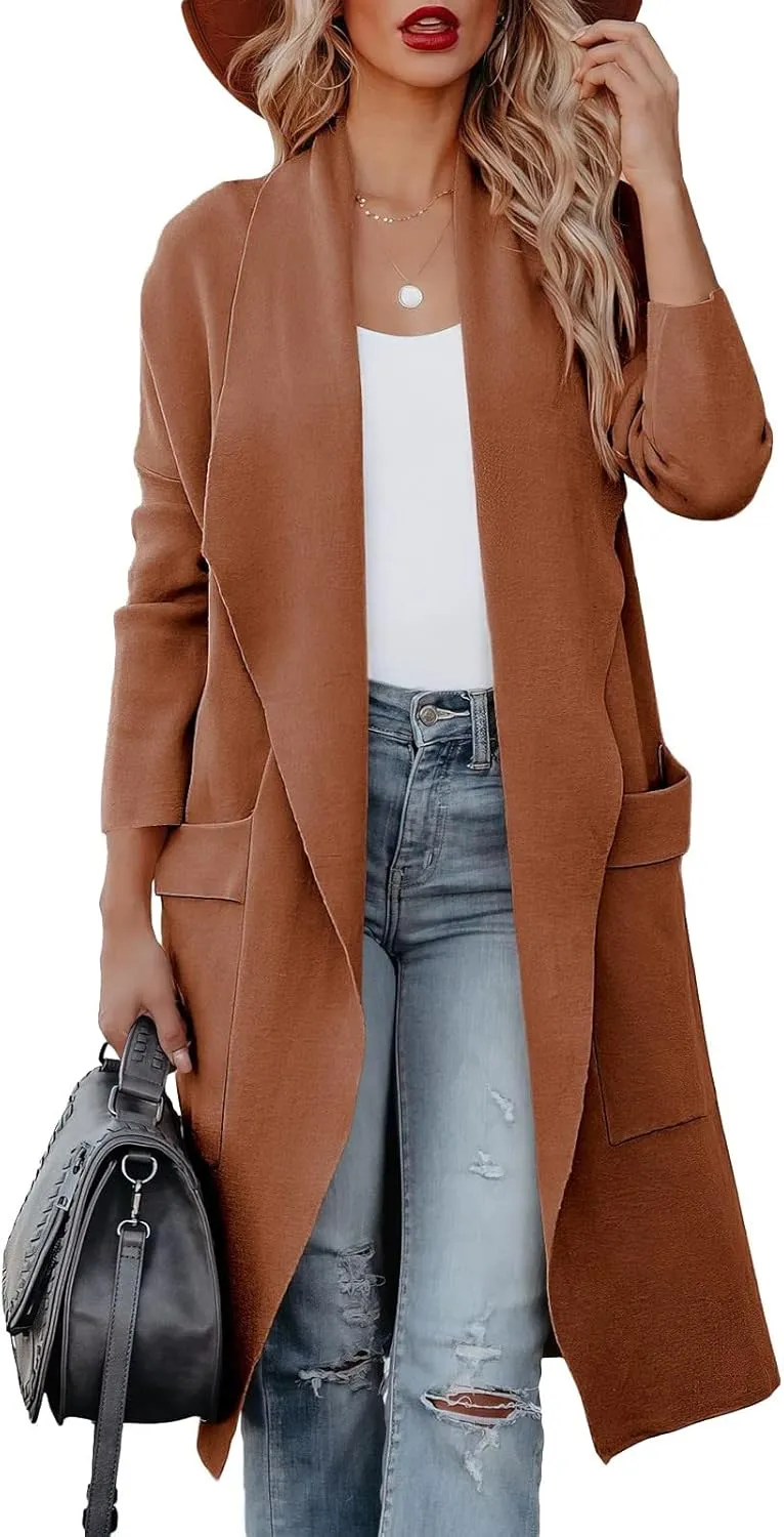 Womens Long Pea Coats Classic Lapel Collar Open Front Wool Blend Trench Coat Dressy Casual Business Midi Long Jackets