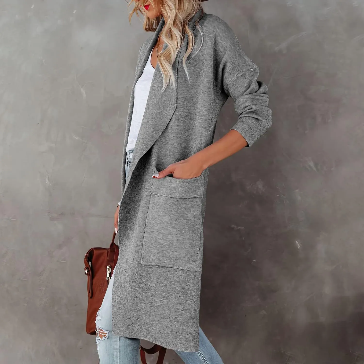Womens Long Pea Coats Classic Lapel Collar Open Front Wool Blend Trench Coat Dressy Casual Business Midi Long Jackets