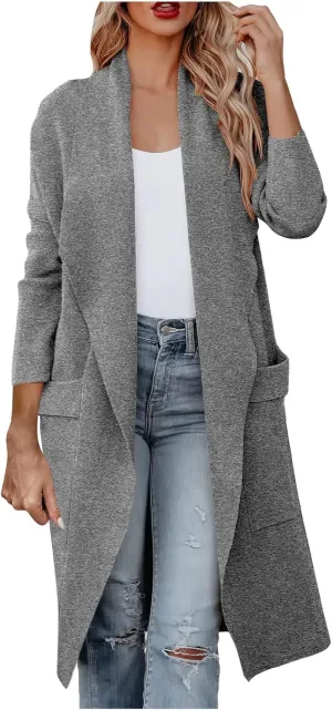 Womens Long Pea Coats Classic Lapel Collar Open Front Wool Blend Trench Coat Dressy Casual Business Midi Long Jackets