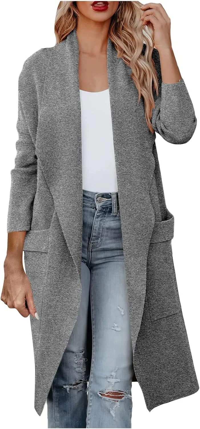 Womens Long Pea Coats Classic Lapel Collar Open Front Wool Blend Trench Coat Dressy Casual Business Midi Long Jackets