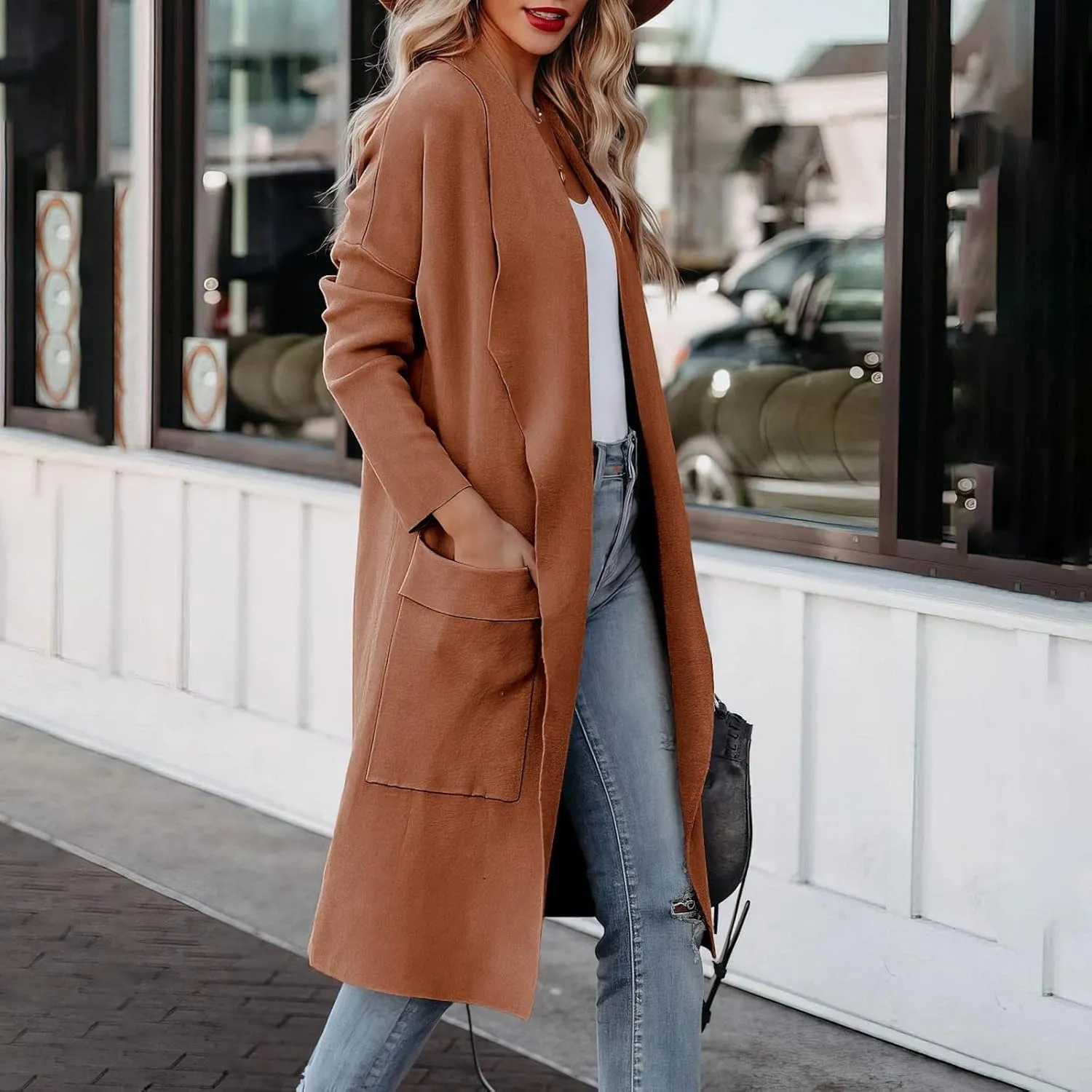 Womens Long Pea Coats Classic Lapel Collar Open Front Wool Blend Trench Coat Dressy Casual Business Midi Long Jackets