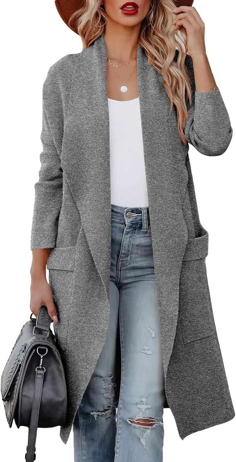 Womens Long Pea Coats Classic Lapel Collar Open Front Wool Blend Trench Coat Dressy Casual Business Midi Long Jackets