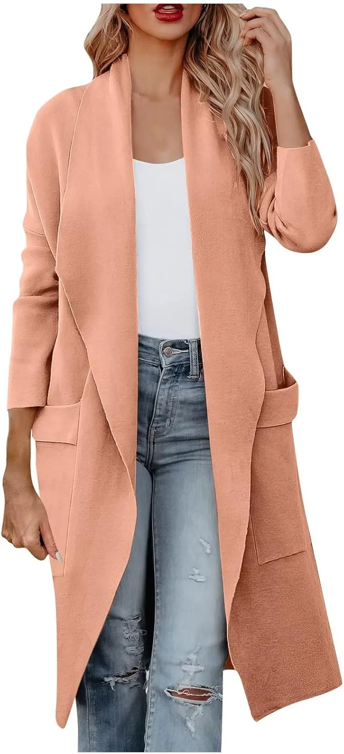 Womens Long Pea Coats Classic Lapel Collar Open Front Wool Blend Trench Coat Dressy Casual Business Midi Long Jackets
