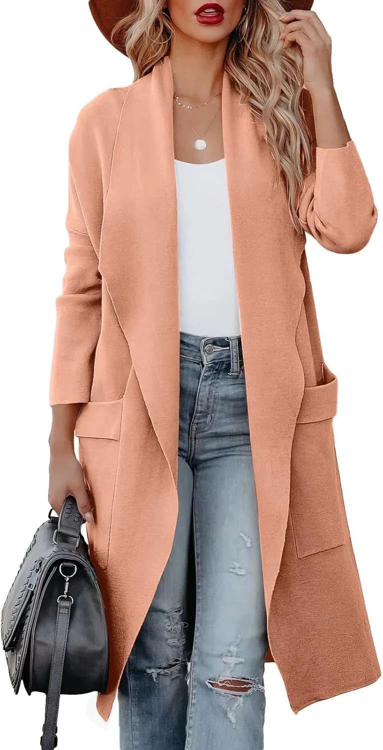 Womens Long Pea Coats Classic Lapel Collar Open Front Wool Blend Trench Coat Dressy Casual Business Midi Long Jackets