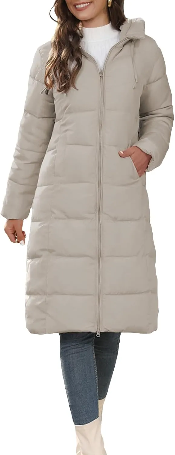 Women's Long Quilted Coat Puffer Jacket Winter Warm Long Sleeve Zip Up Padded Down Coat Outwear with Hood