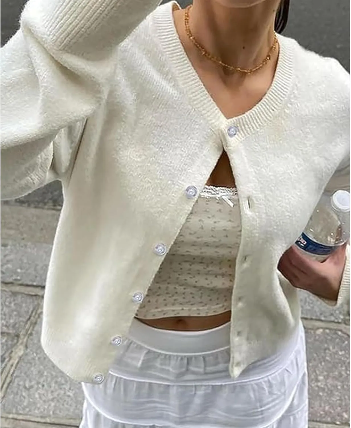 Women's Long Sleeve Cropped Cardigan Open Front Button Down Knit Cardigan Long Sleeve Crew Neck Pullover Y2k Tops