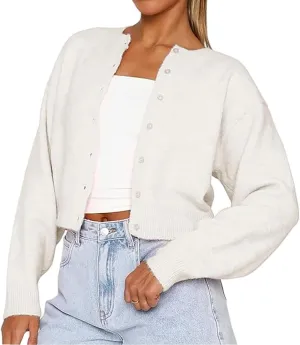 Women's Long Sleeve Cropped Cardigan Open Front Button Down Knit Cardigan Long Sleeve Crew Neck Pullover Y2k Tops