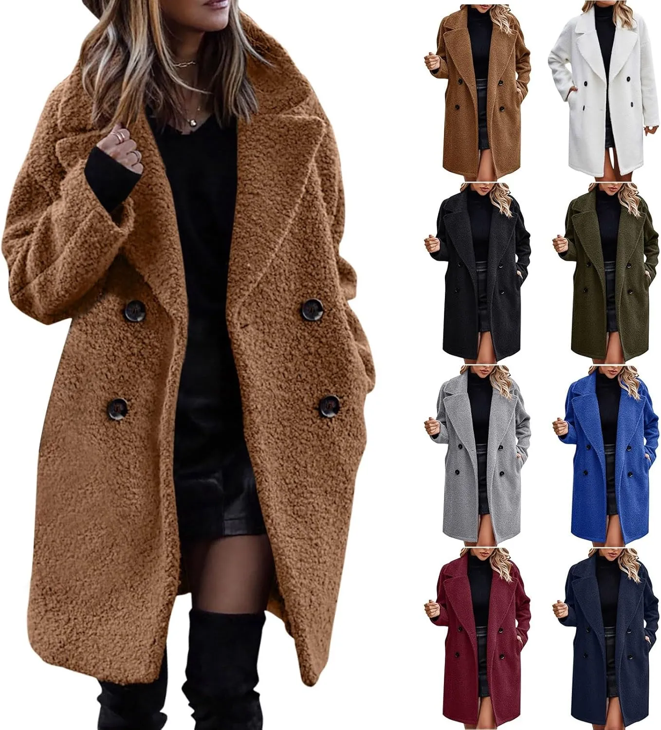 Womens Long Trench Coat Classic Pea Coats Lapel Button Down Coat Flannel Trench Coat Long Peacoat Overcoat Outerwear