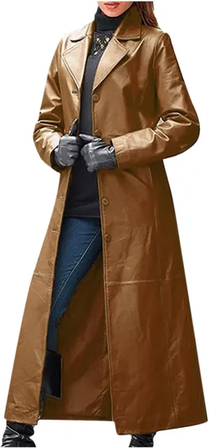 Womens Long Trench Coat Faux Leather Maxi Coat Full Length Casual PU Windproof Coat Lapel Collar Windbreaker Jacket