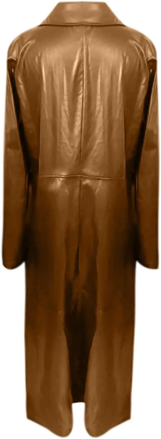 Womens Long Trench Coat Faux Leather Maxi Coat Full Length Casual PU Windproof Coat Lapel Collar Windbreaker Jacket
