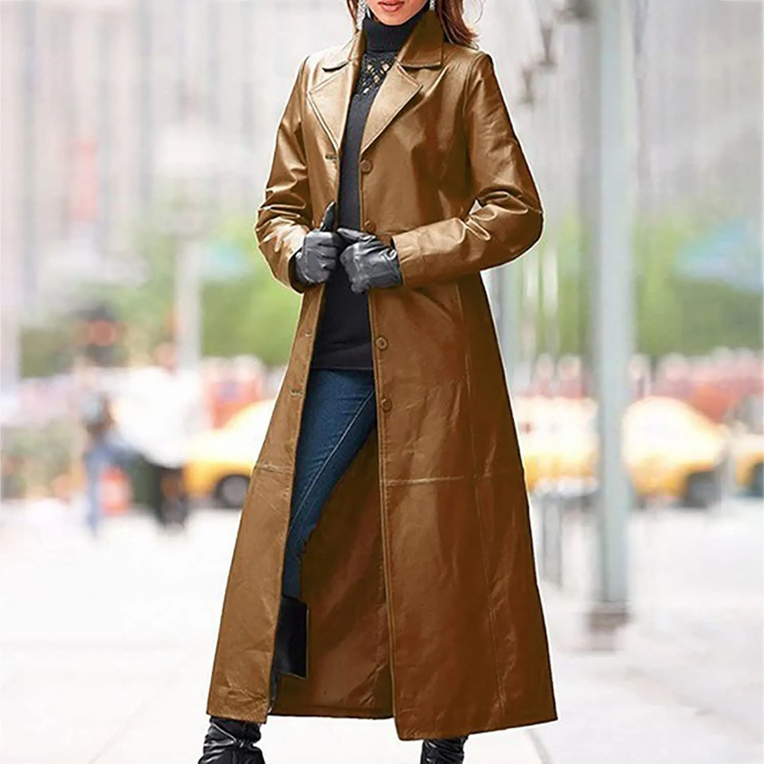 Womens Long Trench Coat Faux Leather Maxi Coat Full Length Casual PU Windproof Coat Lapel Collar Windbreaker Jacket